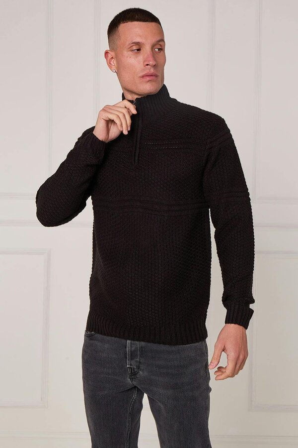 Elaina Fashion Men’s Textured Half Zip Jumper - Black