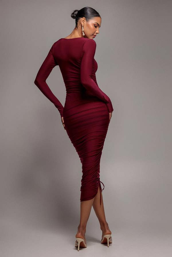 Asymmetrical Neck Ruched Midi Dress - Wine DR3541