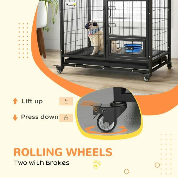Black dog crate base with rolling caster wheels and two brakes