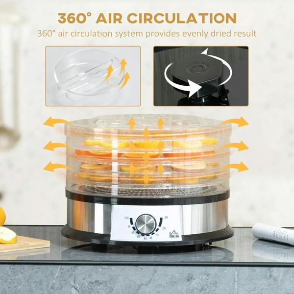 5-tray food dehydrator with transparent lid showing 360-degree air circulation system