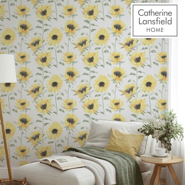 Catherine Lansfield Painted Sunflower Yellow Straight Match Wallpaper