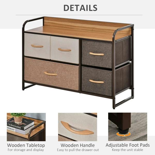 Wooden-topped dresser with linen fabric drawers, gold pulls, curved steel frame, adjustable feet