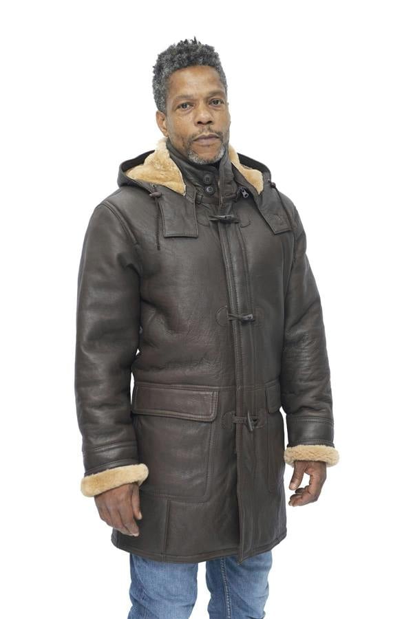 Infinity Leather Mens Sheepskin Leather Hooded Duffle Coat-Leatherhead