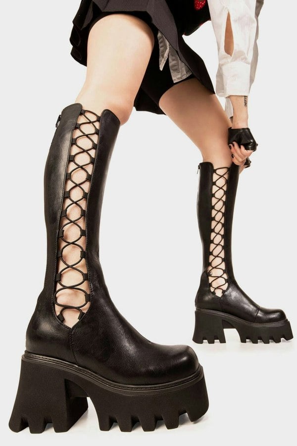 Lamoda Chunky Knee High Boots Misery Business Platform Zip Black, Trendy