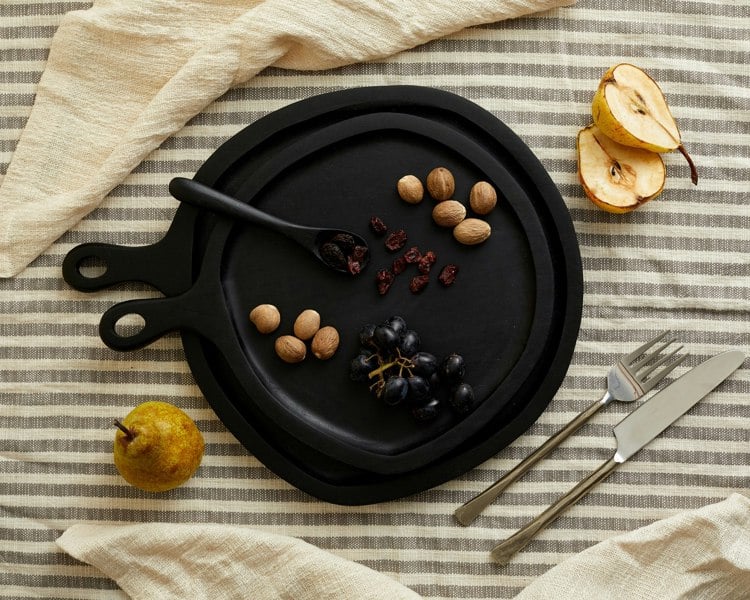 Modern Wood Black Serving Board Set with Handles from What a Host Home