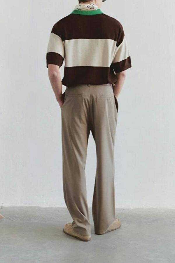 WOVCOR Oversize Color-Block Knit Polo Neck Men's T-shirt