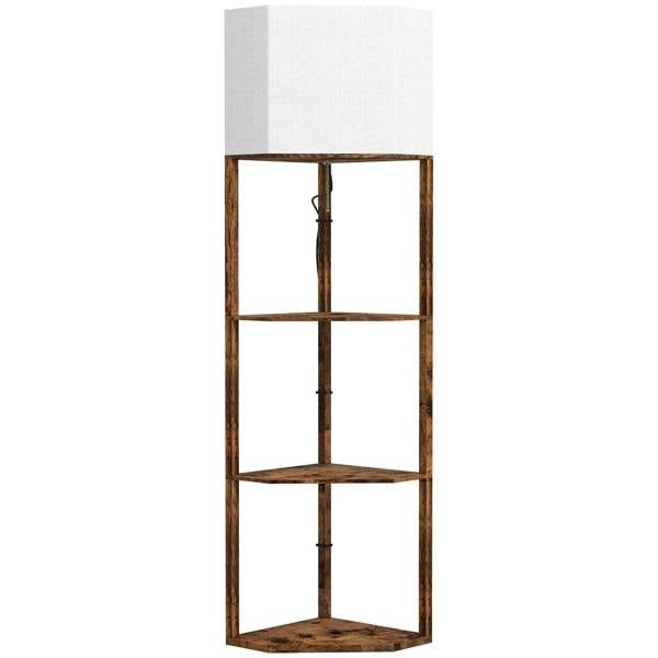Corner floor light with shelves, rustic brown wood-effect frame and white fabric shade