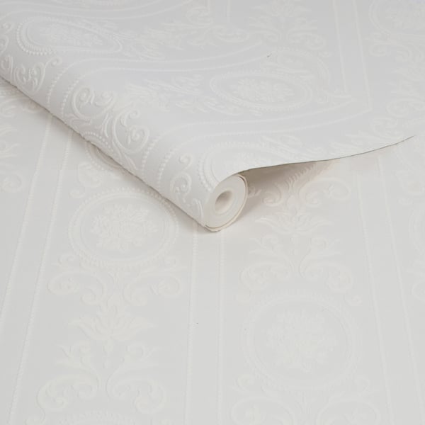 Superfresco Paintable Cameo Stripe Textured Wallpaper - White Durable - 10m