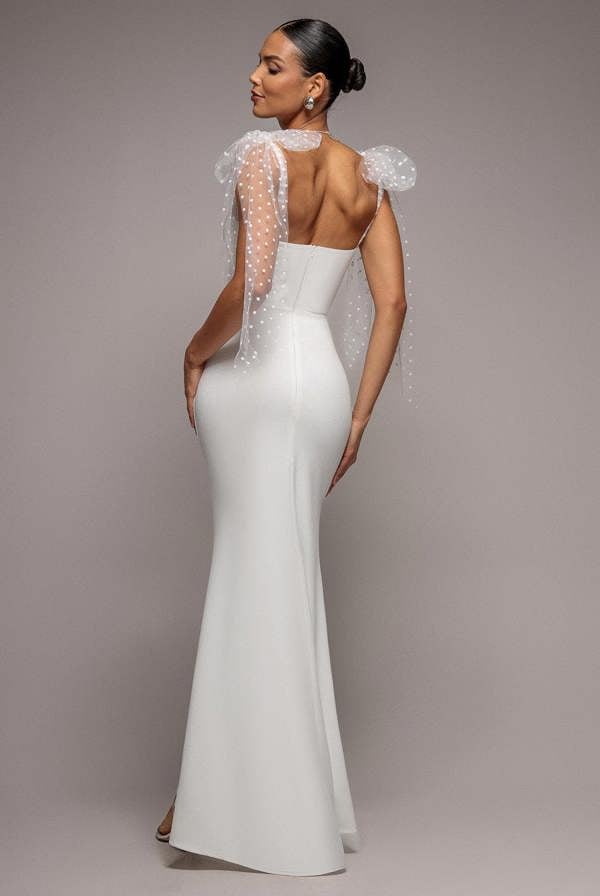 Scuba & Polka Mesh Bella Bow Multiway Maxi Dress - White DR5020