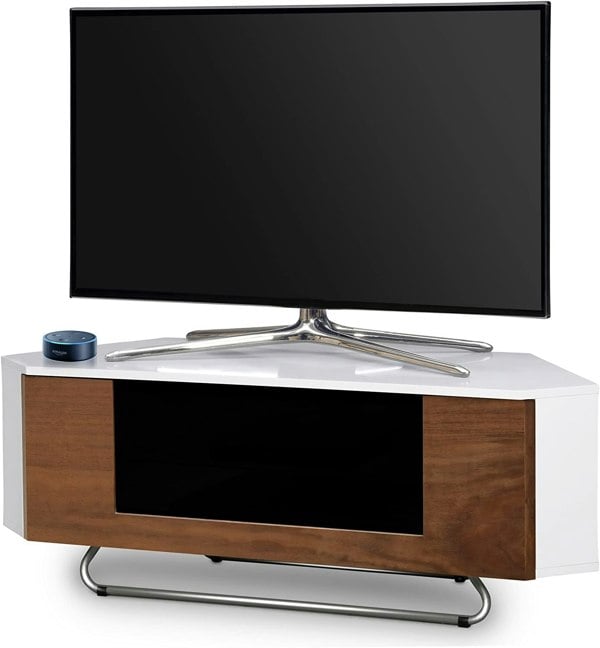 Centurion Supports Hampshire Corner-Friendly Gloss White with Walnut Contrast Beam-Thru Remote Friendly Door 26"-50" Flat Screen TV Cabinet