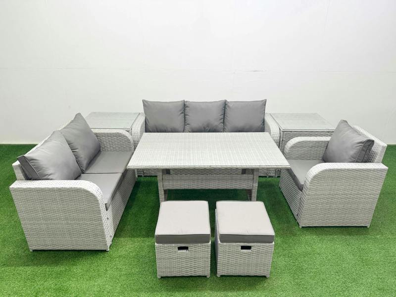 Fimous 8 Seater PE Wicker Rattan Garden Furniture Patio Set, Dining Table, Reclining Chair, Loveseat, 3 Seater Sofa, Stool, 2 Side Table, Light Grey
