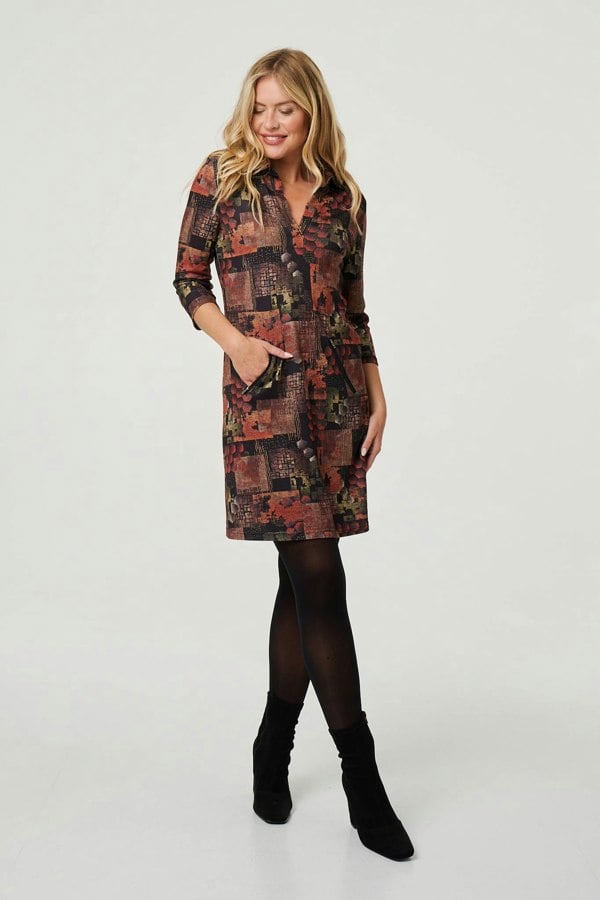 Brown | Printed 3/4 Sleeve Collared Short Dress
