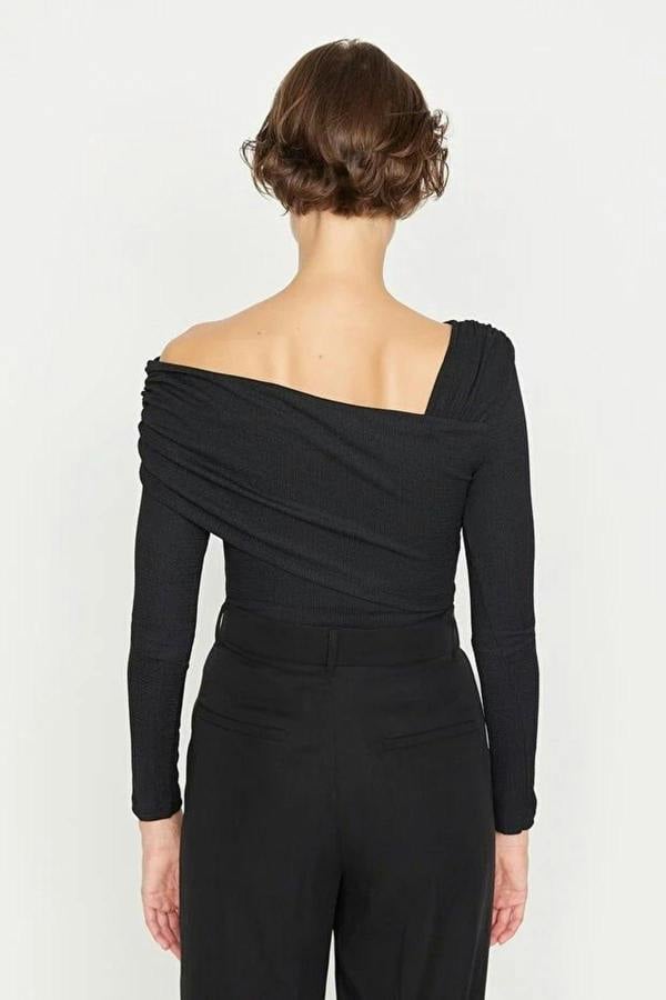 WOVCOR Asymmetrical Collar Draped Knit Bodysuit