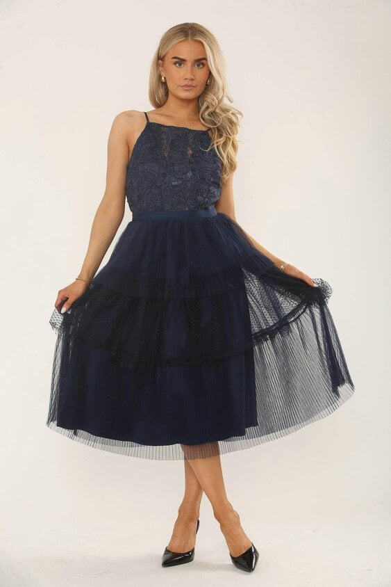 Navy Lace & Mesh Tiered Midi Dress – Elegant Occasionwear