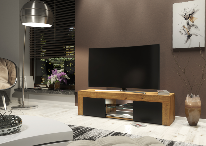 Mex Furniture 130cm Oak TV Unit Cabinet with Black Matt Doors and Free LED Lights