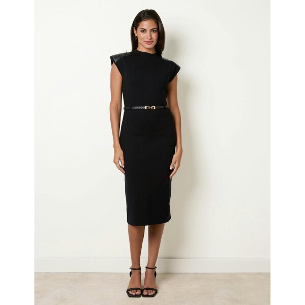 Blue Vanilla Sleeveless Woven PU Leather Detailed Shoulder Midi Dress With Belt
