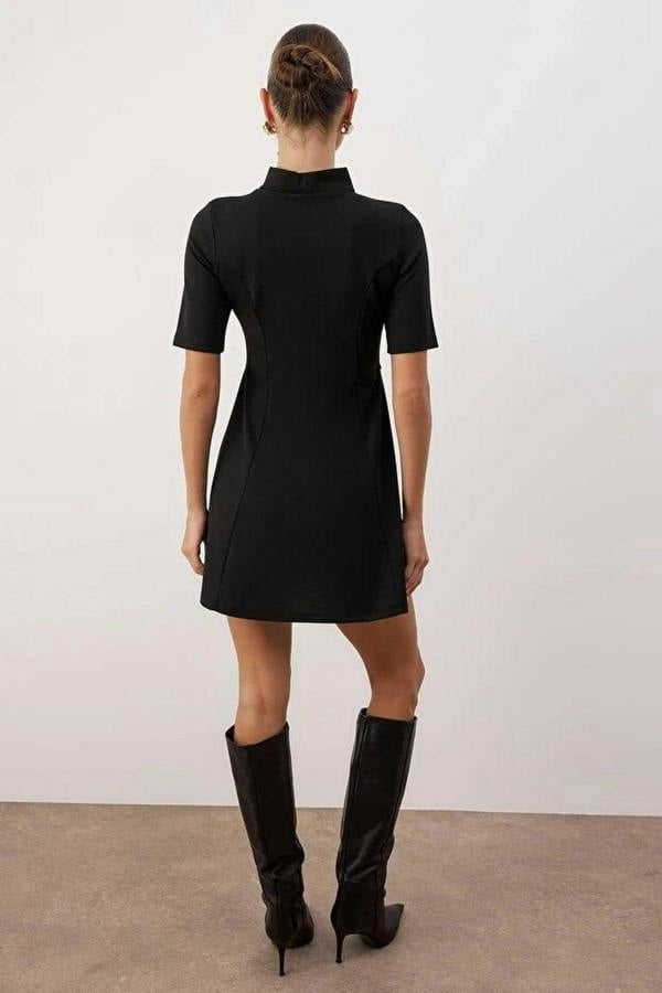 WOVCOR High Neck Belt Detail Skater Mini Knit Dress