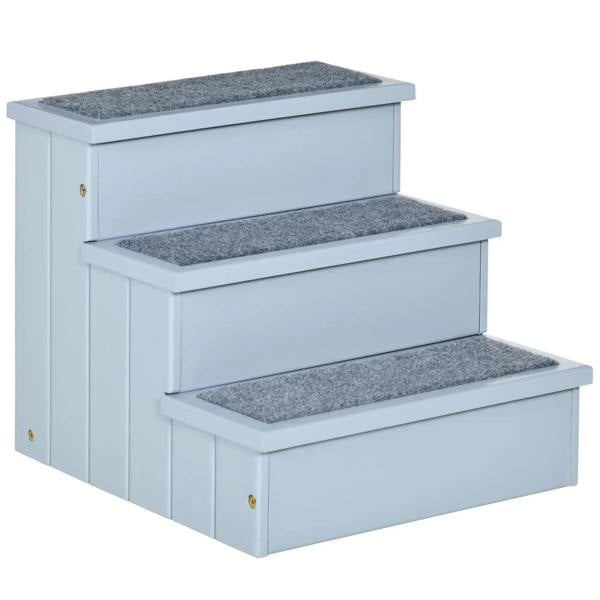 Grey 3-step pet stairs with gray carpet treads and built-in storage chest