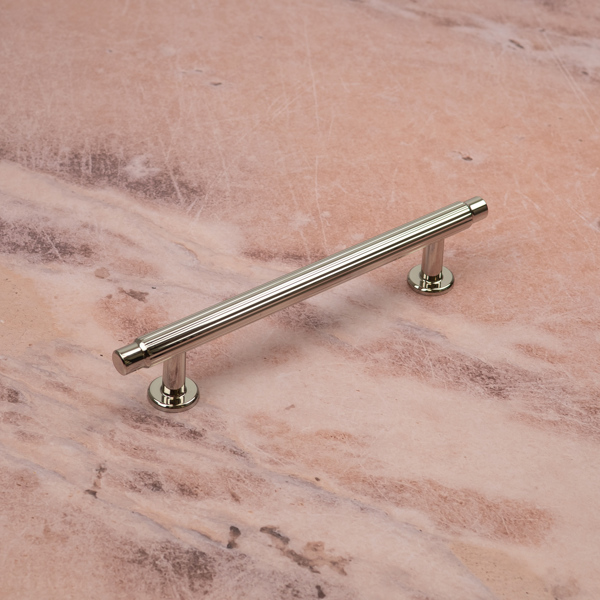 Handle & Home Bright Nickel Reeded Cabinet T-Bar Handle and Coordinating Disc Knob