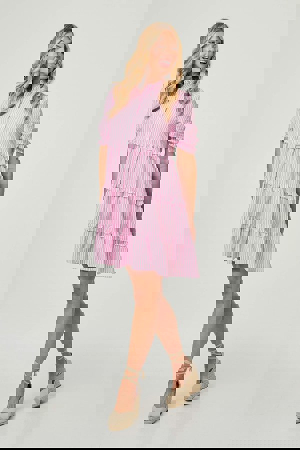 Pink | Striped 1/2 Sleeve Short Shirt Dress
