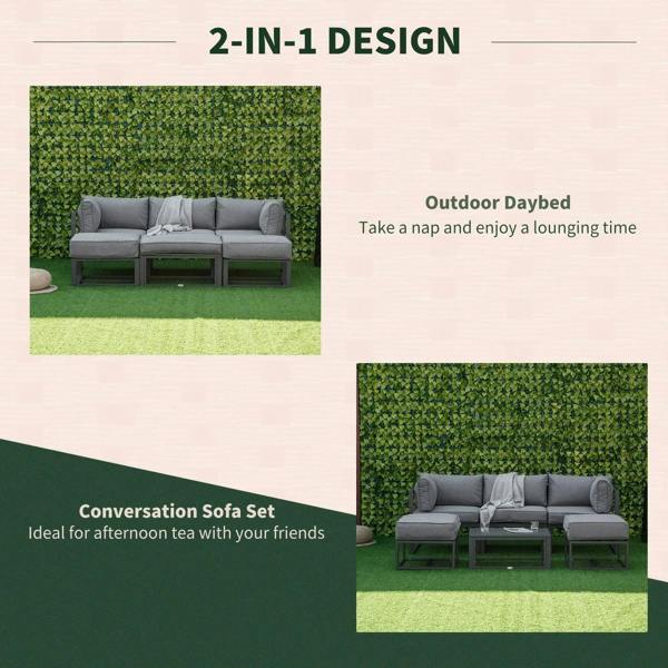 Grey outdoor daybed sectional sofa with back cushions and thick seat cushions
