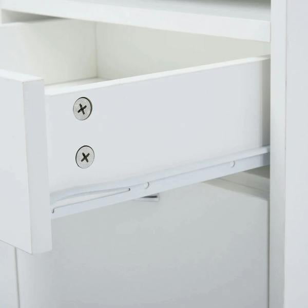 White mobile filing cabinet with open shelf and drawer front, metal handle and casters