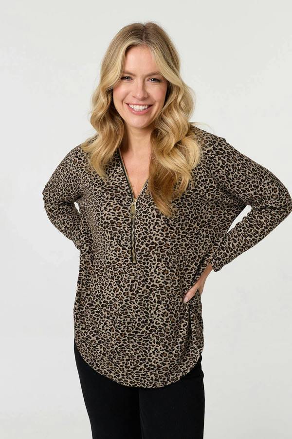 Brown | Animal Print Zip Front Long Sleeve Top