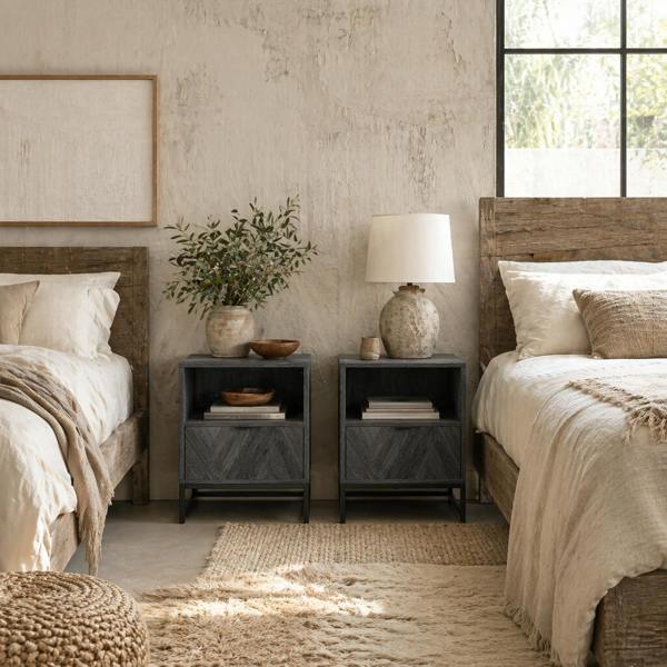Wyld Haus Halapa Set Of 2 Dark Grey Wood Bedside Tables With Drawer And Top Shelf