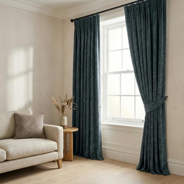 Athens made-to-measure curtains in Riviera, styled in a living room