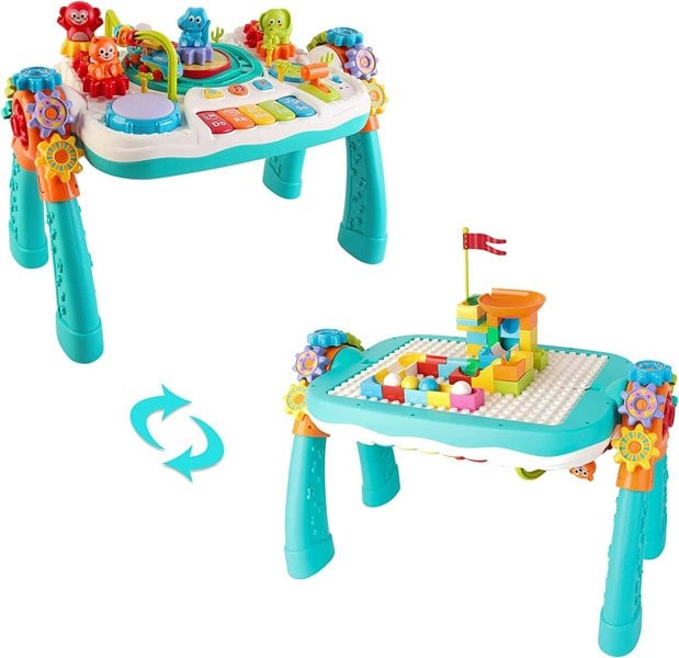 deAO Toys Children's Educational Toys 2-in-1 Multifunctional Bluetooth Learning Activity Table with Building Block Panel