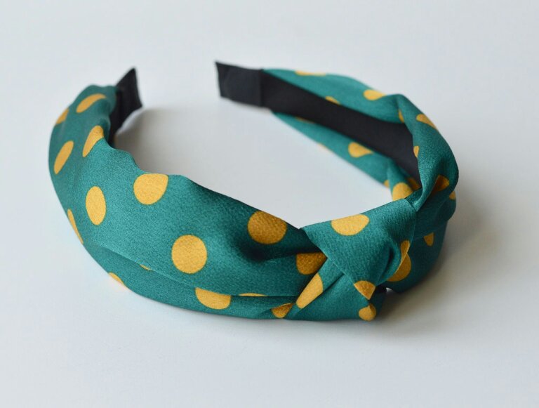 Antonia York Polka Dot Rigid Headband Jade Green Silky Fabric with Mustard Yellow Spots