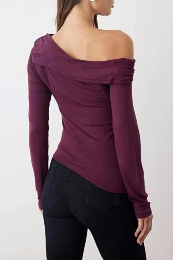 WOVCOR Asymmetrical Neckline Fitted Knitted Blouse with Accessory Details