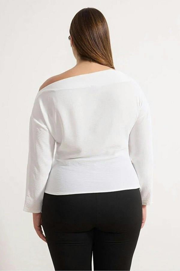 WOVCOR Gold Accessory Asymmetrical Collar Long Sleeve Woven Plus Size Blouse
