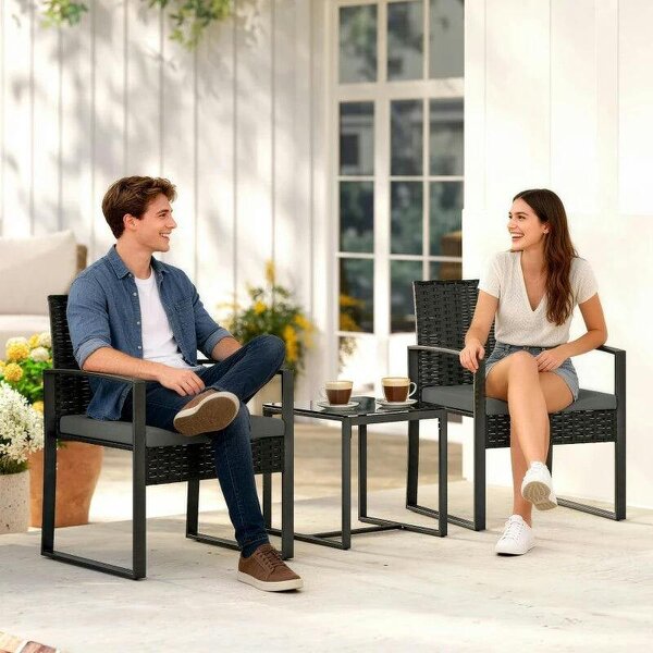 Rattan Bistro Set, 3 Piece Garden Furniture Set with Glass Top Table and Cushions, Dark Grey - Dark Grey