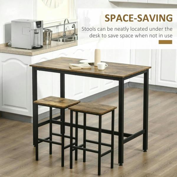 Bar table set with 2 stools, rustic brown surfaces and black steel legs