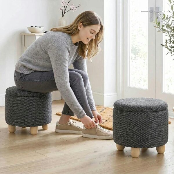 Storage Sitting Bench with Lid, Round Storage Ottoman with Rubberwood Legs, Dark Grey