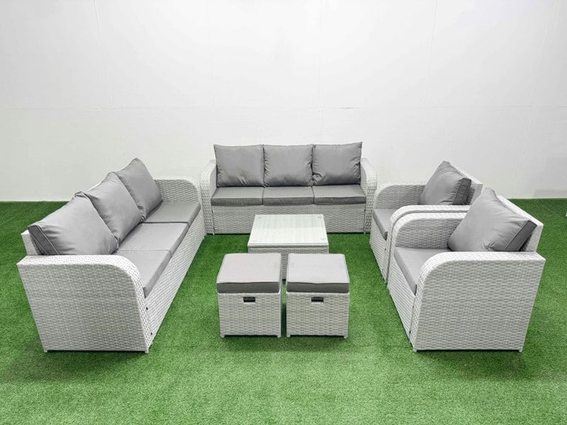 Fimous PE Rattan High Back Lounge Sofa Set Patio Square Coffee Table & Chairs Set with 3 Seater Sofa Reclining Chair Stools Light Grey