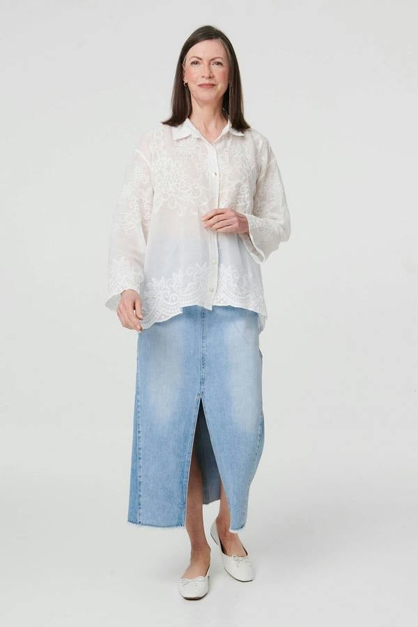White | Floral Embroidered Long Sleeved Shirt