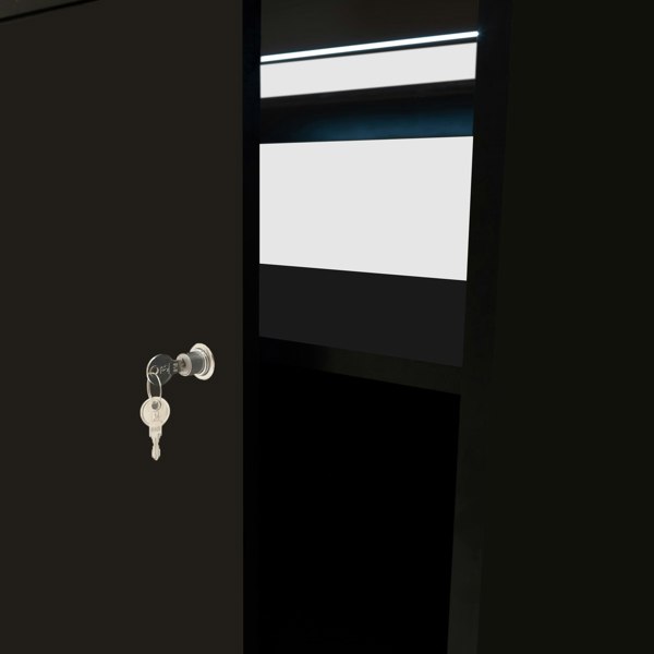 Black LED retail shop counter B1200 featuring a sleek design, key lock, and illuminated display area for showcasing products