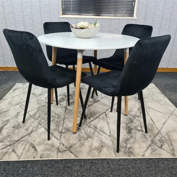 Kosy Koala Dining Table and 4 Chairs  White Round Wood Table 4 Black Velvet Chairs Dining Room Furniture