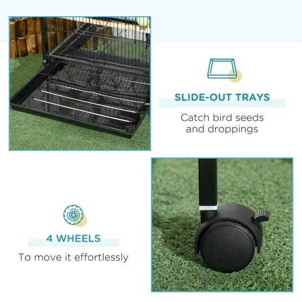 Black bird cage with slide-out trays and four caster wheels for easy cleaning