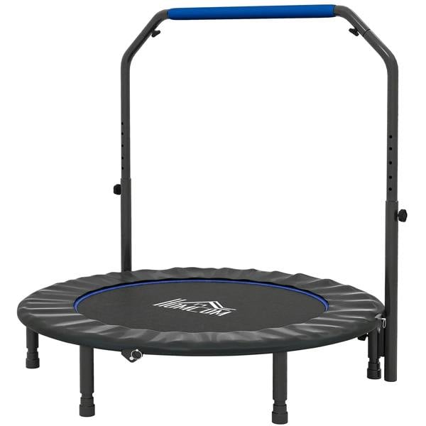 Blue mini fitness trampoline with round padded bed and adjustable foam handle frame
