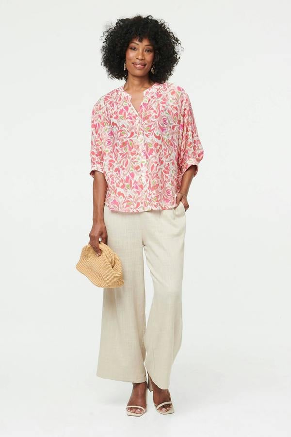 Pink | Printed 1/2 Puff Sleeve Curve Hem Blouse