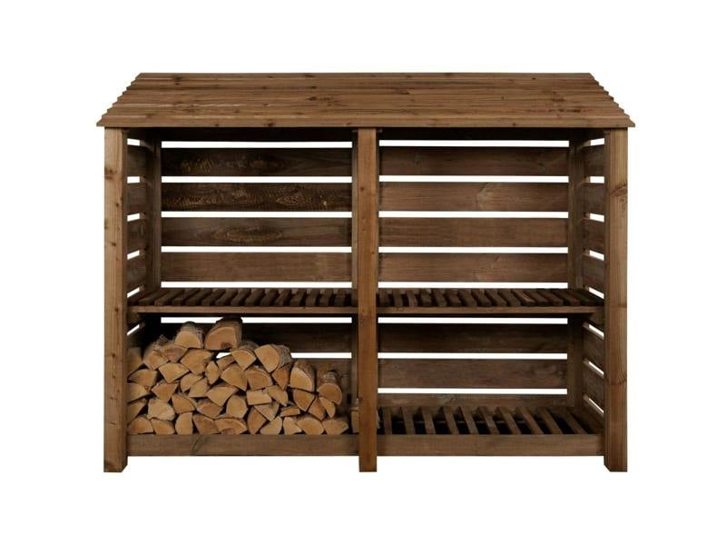 Arbor Garden Solutions Slatted Wooden Log Store with Shelf W-227cm, H-126cm or 180cm, D-88cm - Brown Finish