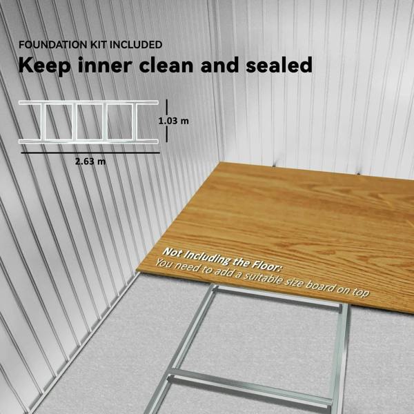 Metal garden shed foundation kit corner frame and inner floor platform, wall panels shown
