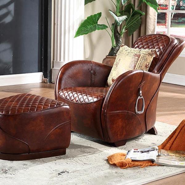 Saddle Chair And Footstool, Loft Style, Oil Wax Leather-Weilai Concept-Weilai Concept
