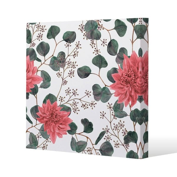 Benjamin Tate Design Red Flowers, Green Leaves Slim Style Canvas Print  30x30cm , 15mm Slim Real wood.