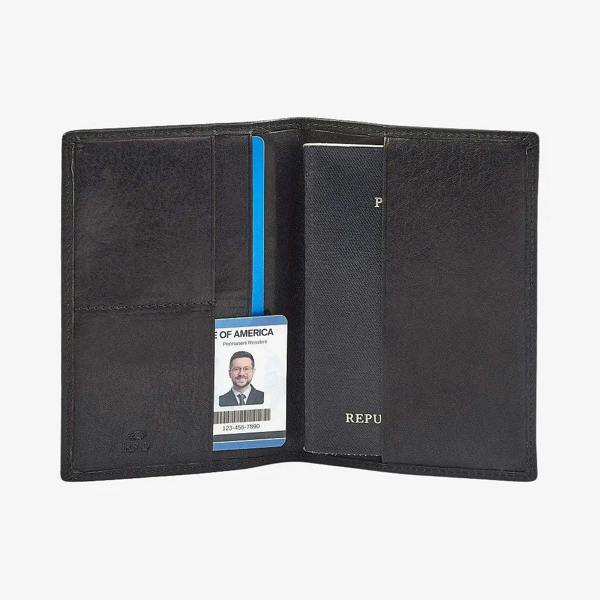 Black leather passport holder with a card and ID holder on a white background