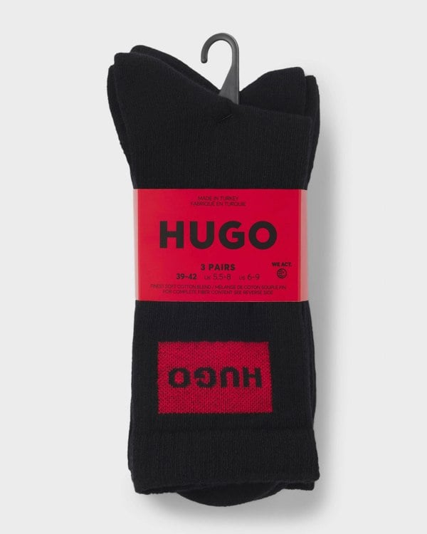 HUGO 3-Pack Quarter Length Combed Cotton Ribbed Mens Socks  - Black 001
