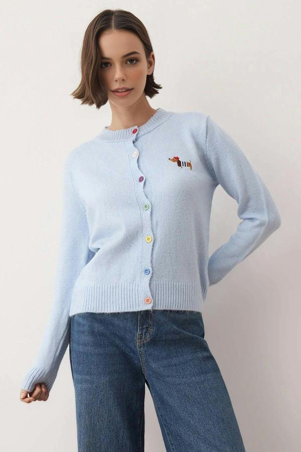 WOVCOR Crew Neck Soft Textured Dog Embroidered Knitwear Cardigan